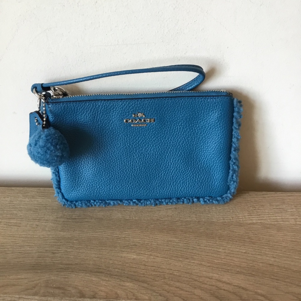 Coach Pebbled Leather Wristlet with Shearling Pom Pom and Trim - Picture 3 of 8